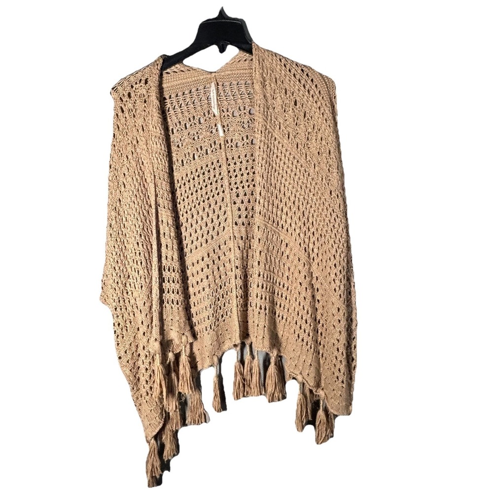 Soft Surroundings Shawl Women's Tan Brown Poncho Armholes Fringe Boho Crochet